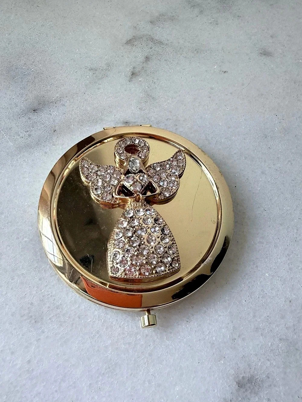 Rhinestone Angel Gold Compact Mirror